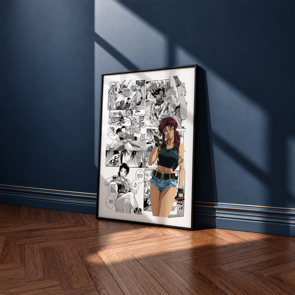 Revy manga poster inspired by Black Lagoon in a black frame against a navy blue wall