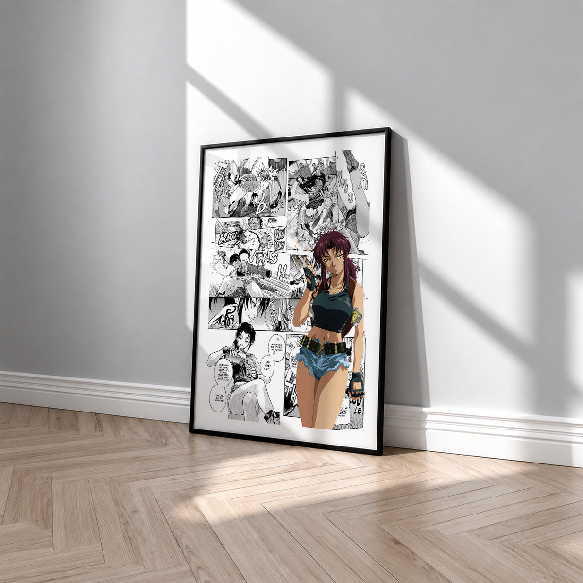 Revy manga poster inspired by Black Lagoon in a black frame against a light gray wall