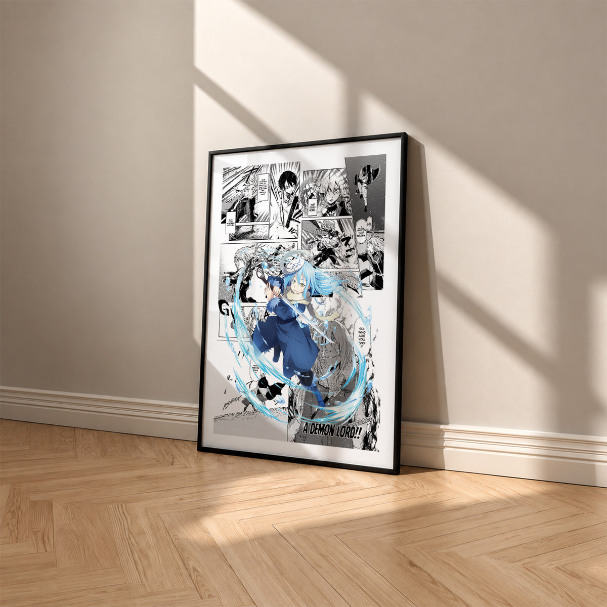 Rimuru Tempest manga poster inspired by That Time I Got Reincarnated as a Slime in a black frame against a warm beige wall