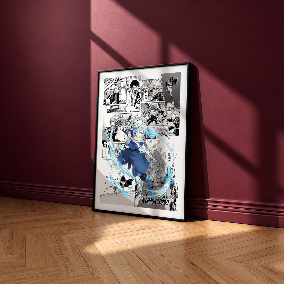 Rimuru Tempest manga poster inspired by That Time I Got Reincarnated as a Slime in a black frame against a burgundy wall
