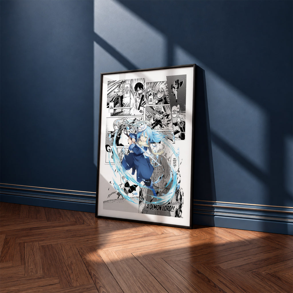 Rimuru Tempest manga poster inspired by That Time I Got Reincarnated as a Slime in a black frame against a navy blue wall