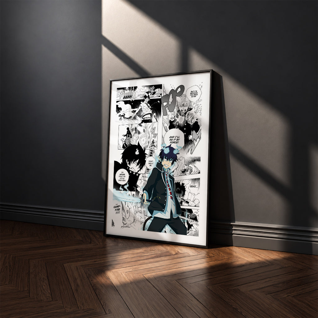 Rin Okumura manga poster inspired by Blue Exorcist in a black frame against a charcoal gray wall