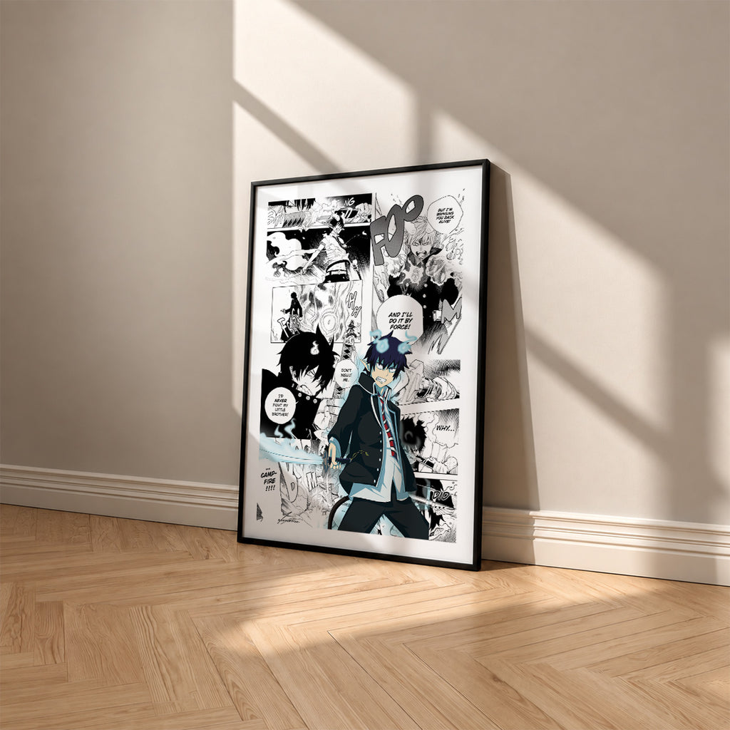 Rin Okumura manga poster inspired by Blue Exorcist in a black frame against a warm beige wall