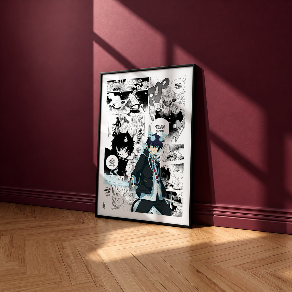 Rin Okumura manga poster inspired by Blue Exorcist in a black frame against a burgundy wall