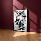 Rin Okumura manga poster inspired by Blue Exorcist in a black frame against a burgundy wall