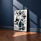 Rin Okumura manga poster inspired by Blue Exorcist in a black frame against a navy blue wall