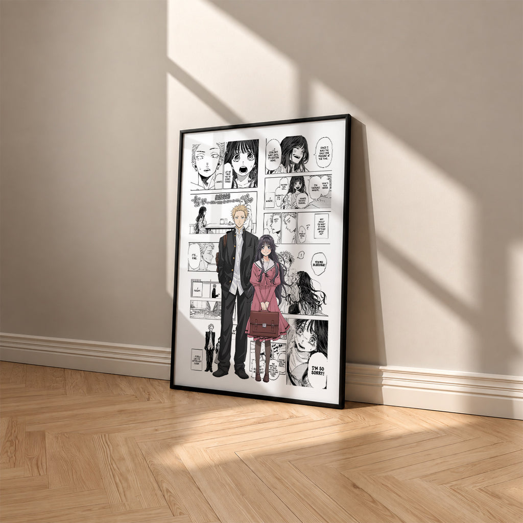 Rintaro Tsumugi and Kaoruko Waguri manga poster inspired by The Fragrant Flower Blooms with Dignity in a black frame against a warm beige wall