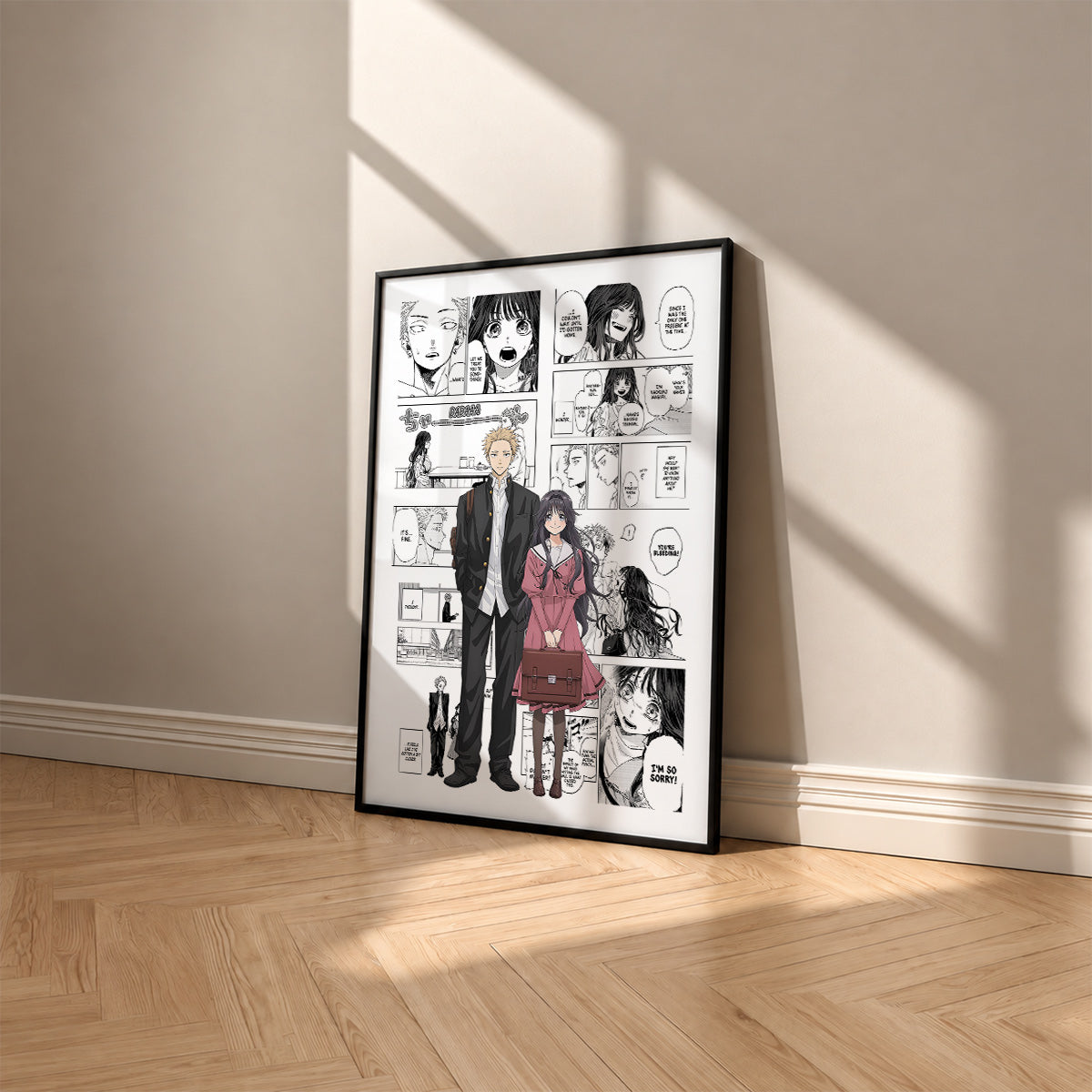 Rintaro Tsumugi and Kaoruko Waguri manga poster inspired by The Fragrant Flower Blooms with Dignity in a black frame against a warm beige wall