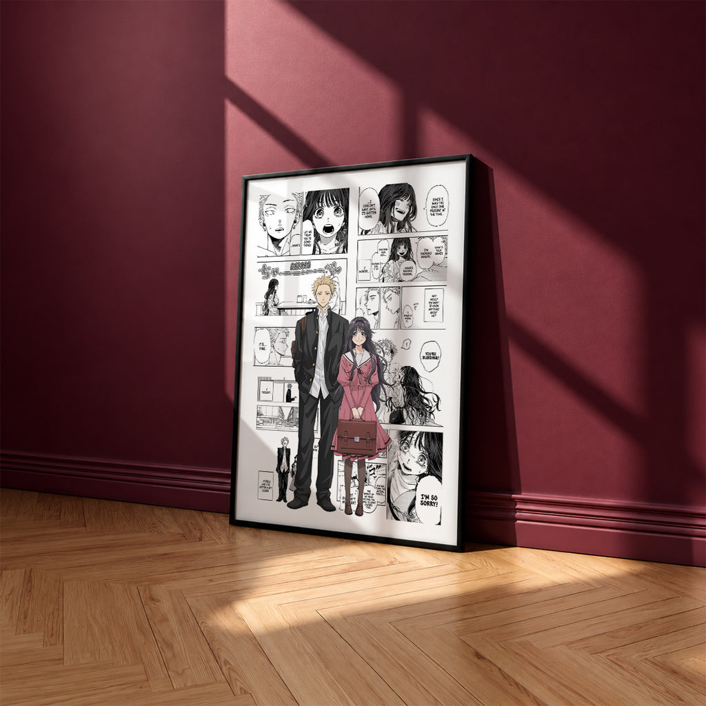 Rintaro Tsumugi and Kaoruko Waguri manga poster inspired by The Fragrant Flower Blooms with Dignity in a black frame against a burgundy wall