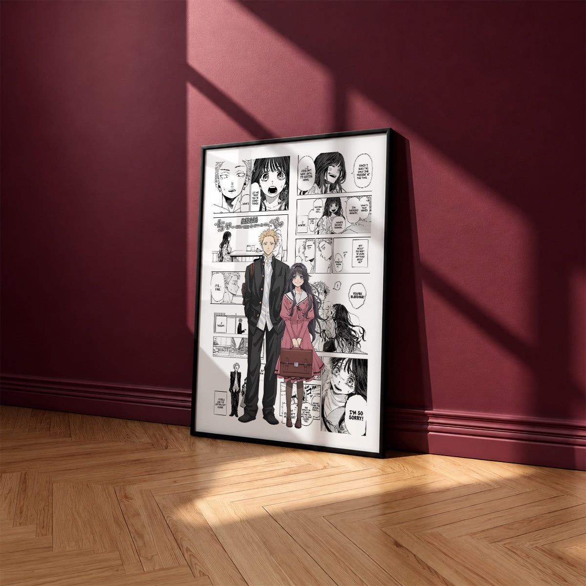 Rintaro Tsumugi and Kaoruko Waguri manga poster inspired by The Fragrant Flower Blooms with Dignity in a black frame against a burgundy wall