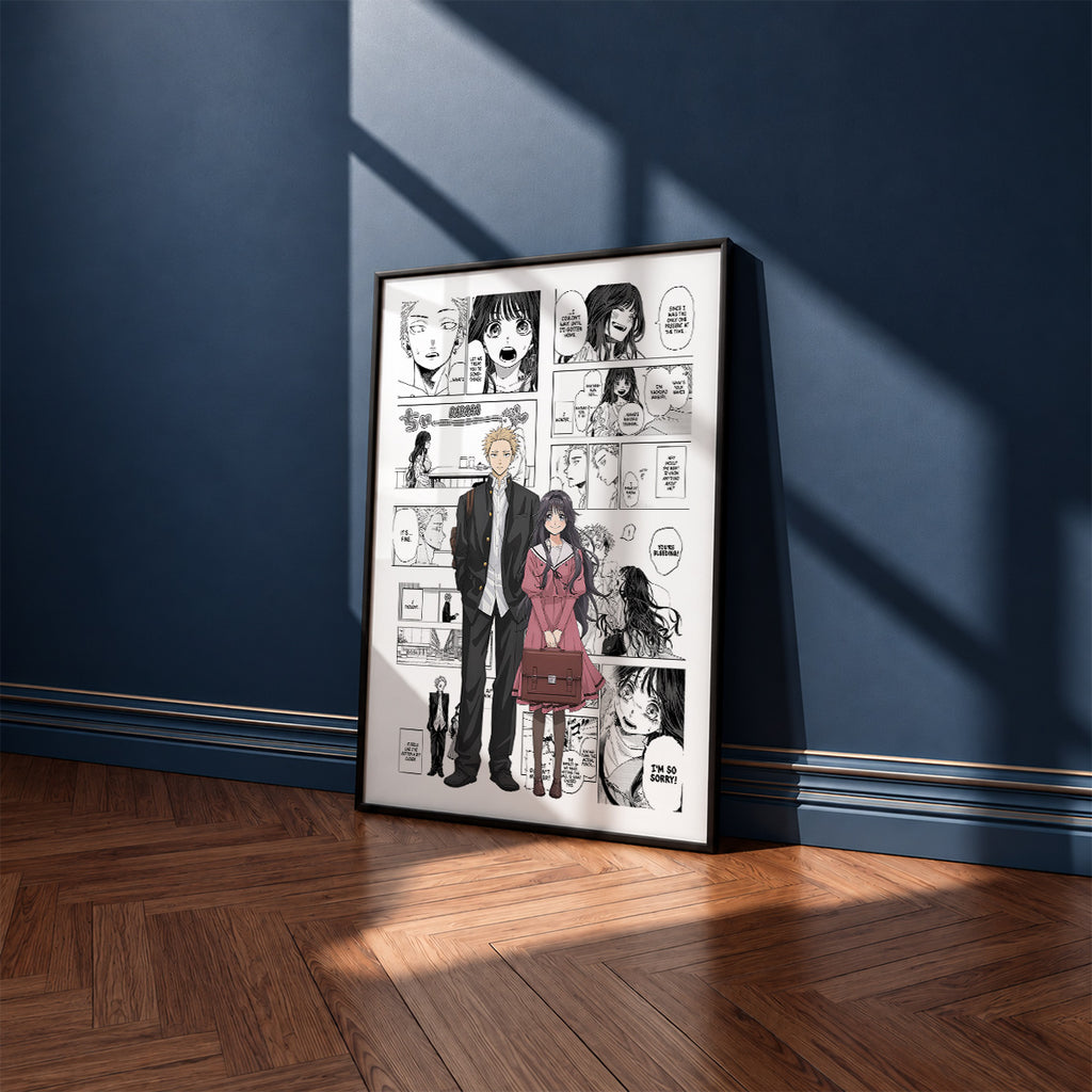 Rintaro Tsumugi and Kaoruko Waguri manga poster inspired by The Fragrant Flower Blooms with Dignity in a black frame against a navy blue wall