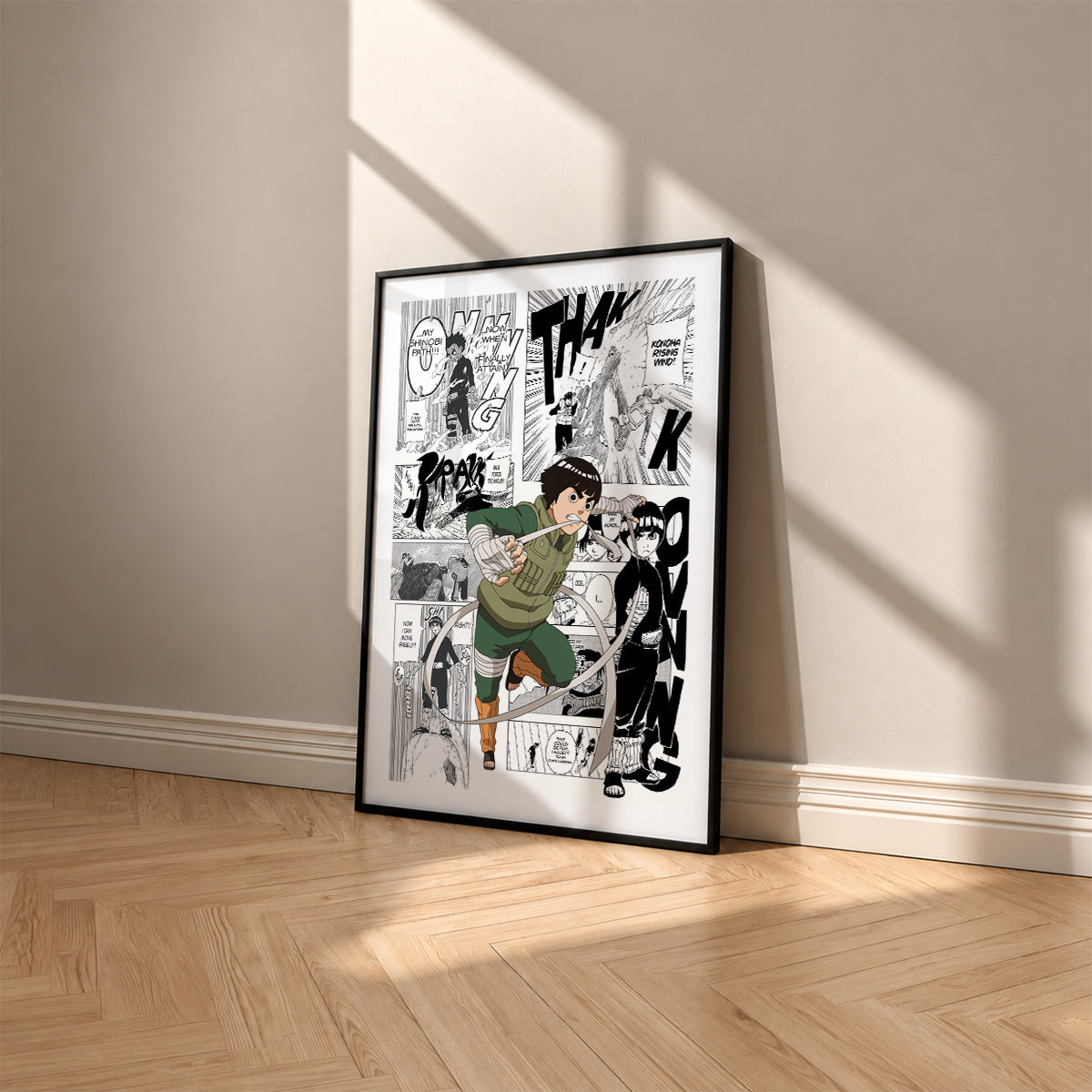 Rock Lee manga poster inspired by Naruto in a black frame against a warm beige wall