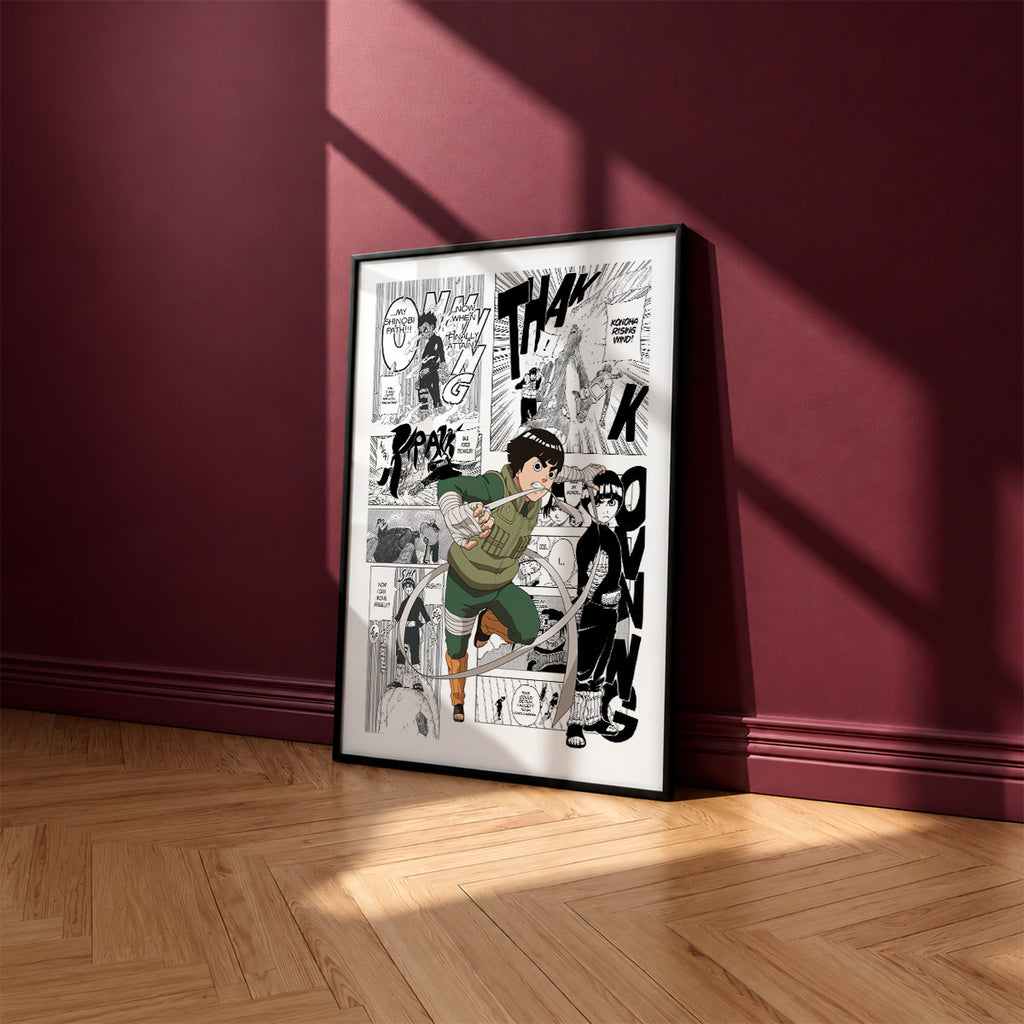 Rock Lee manga poster inspired by Naruto in a black frame against a burgundy wall