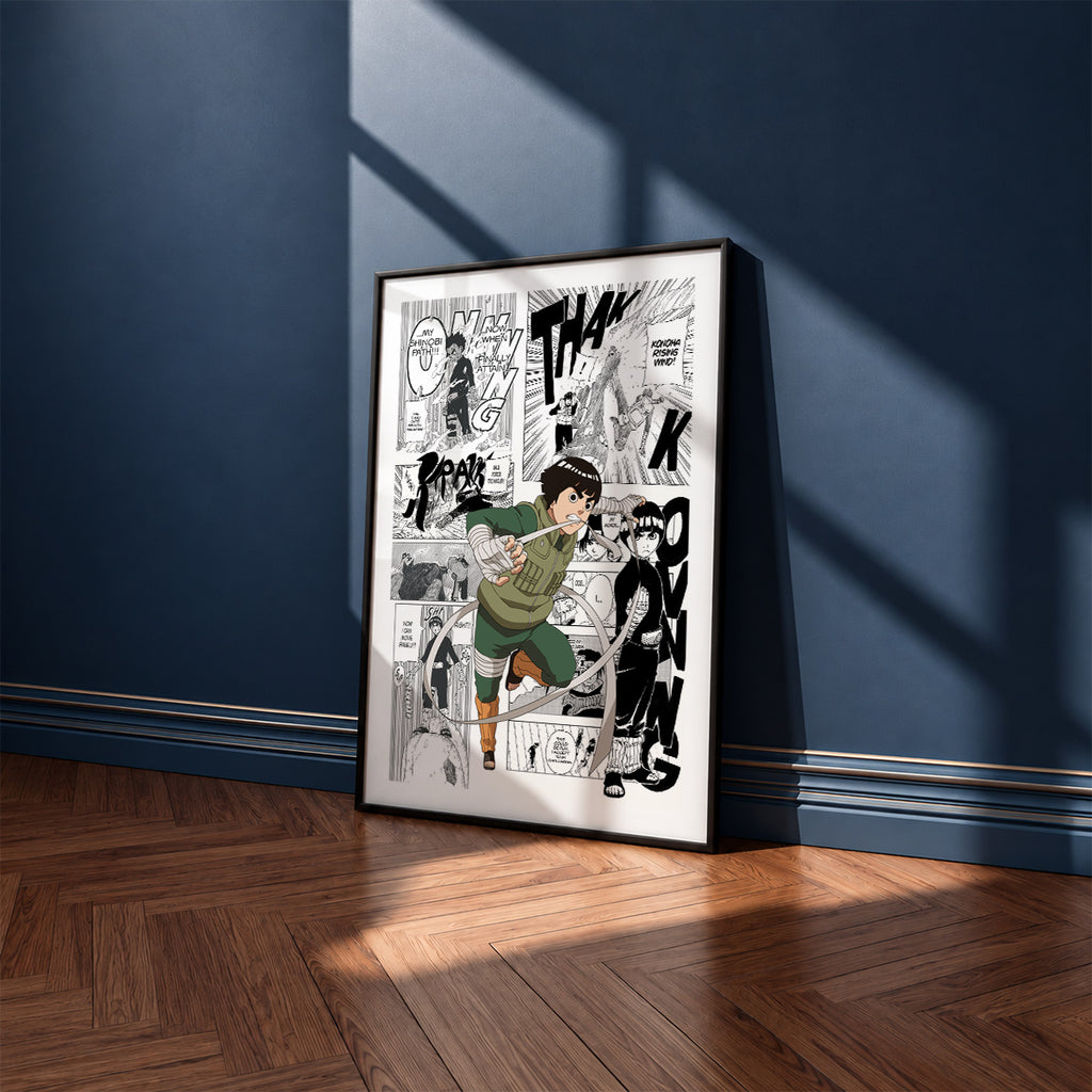 Rock Lee manga poster inspired by Naruto in a black frame against a navy blue wall