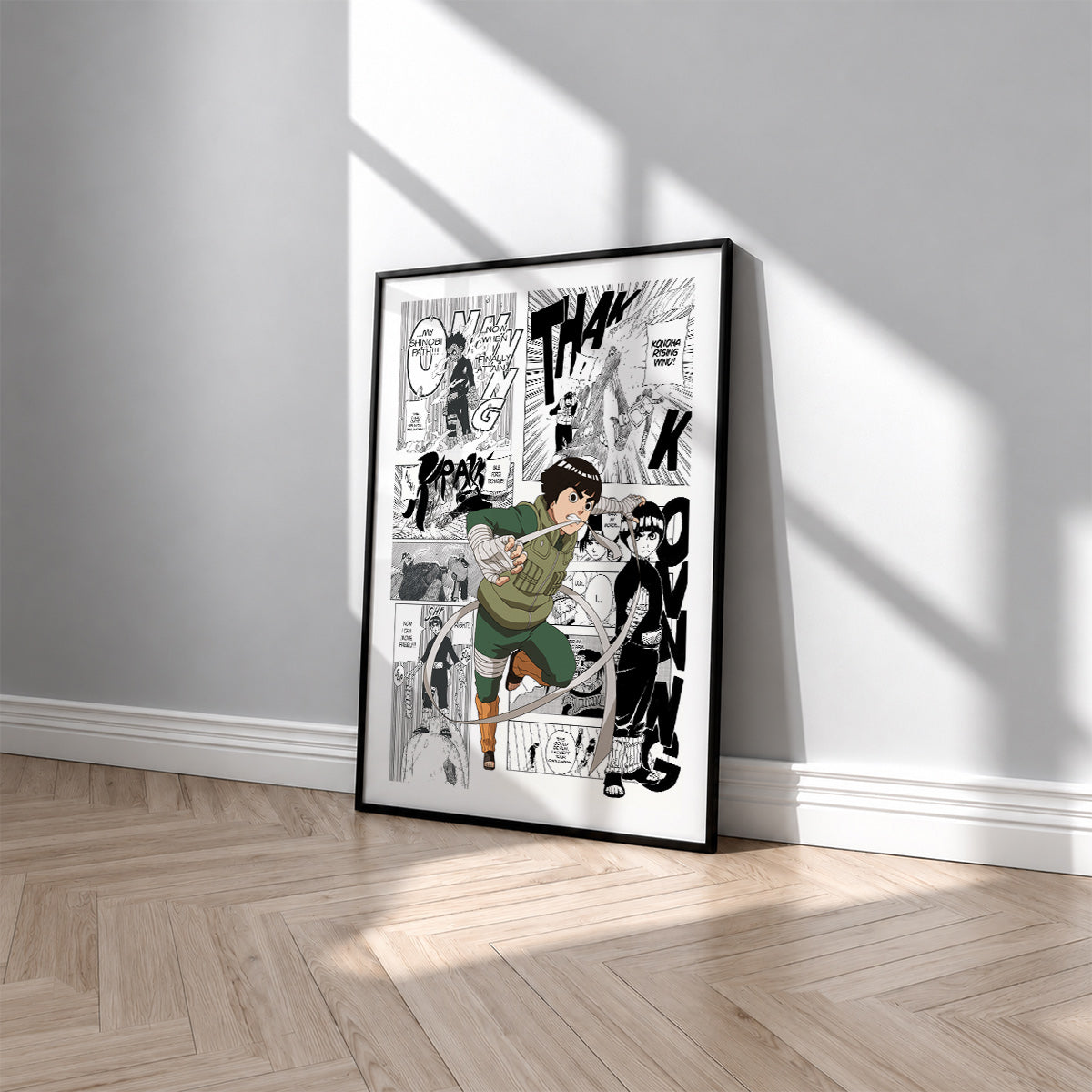 Rock Lee manga poster inspired by Naruto in a black frame against a light gray wall