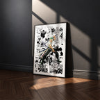 Roronoa Zoro manga poster inspired by One Piece in a black frame against a charcoal gray wall