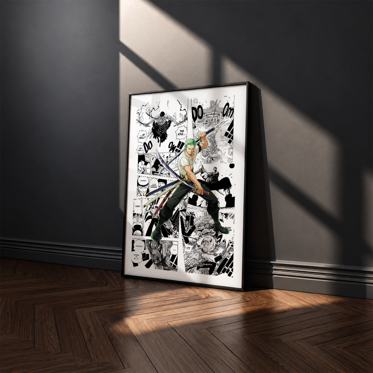 Roronoa Zoro manga poster inspired by One Piece in a black frame against a charcoal gray wall