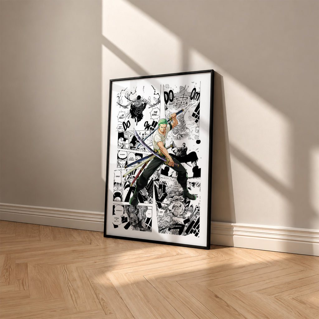 Roronoa Zoro manga poster inspired by One Piece in a black frame against a warm beige wall