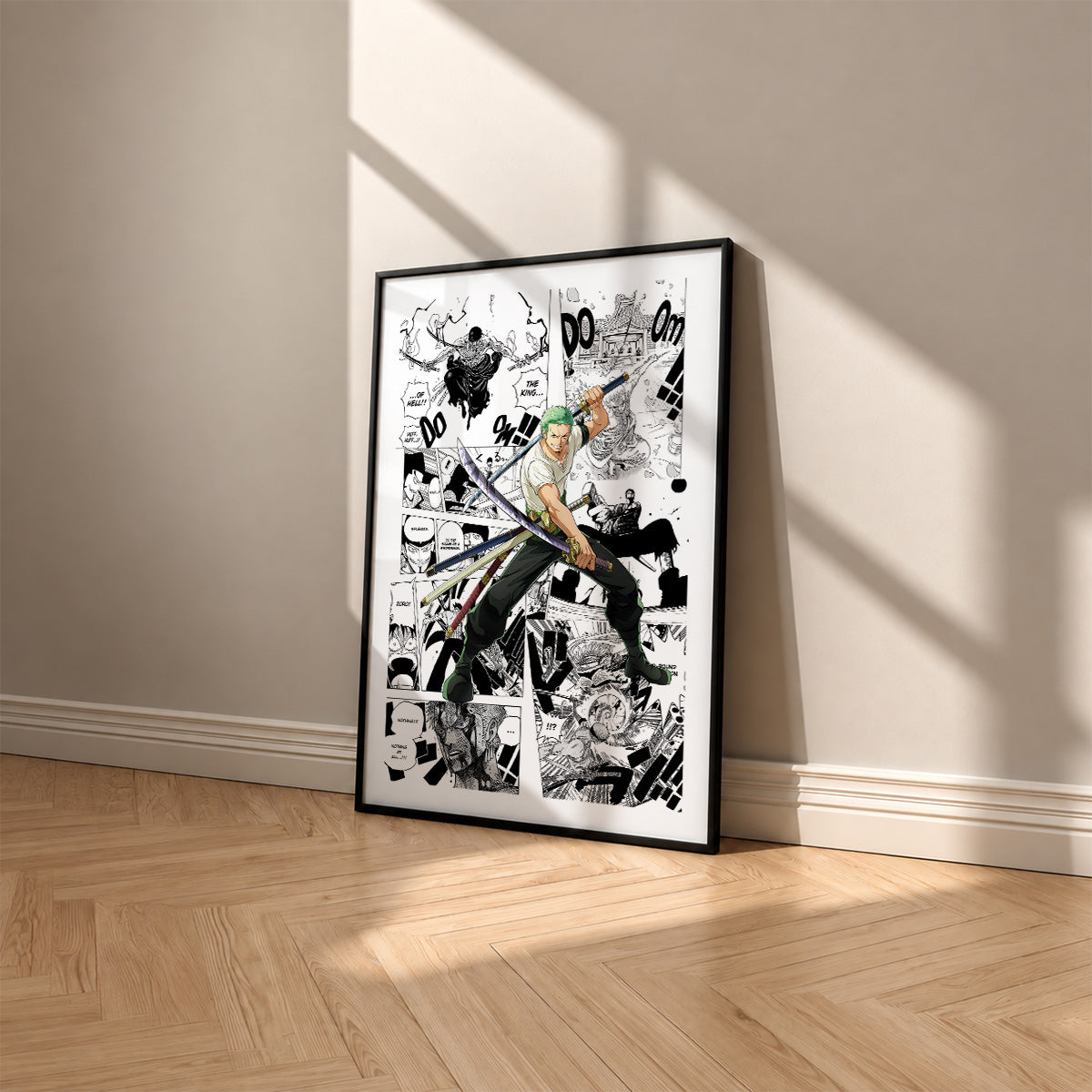 Roronoa Zoro manga poster inspired by One Piece in a black frame against a warm beige wall
