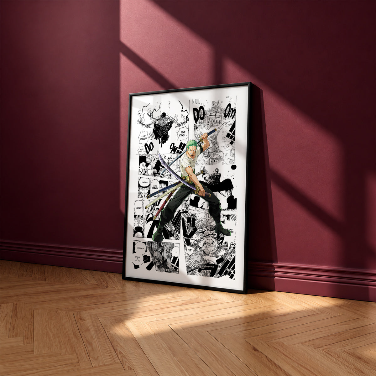 Roronoa Zoro manga poster inspired by One Piece in a black frame against a burgundy wall