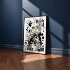 Roronoa Zoro manga poster inspired by One Piece in a black frame against a navy blue wall