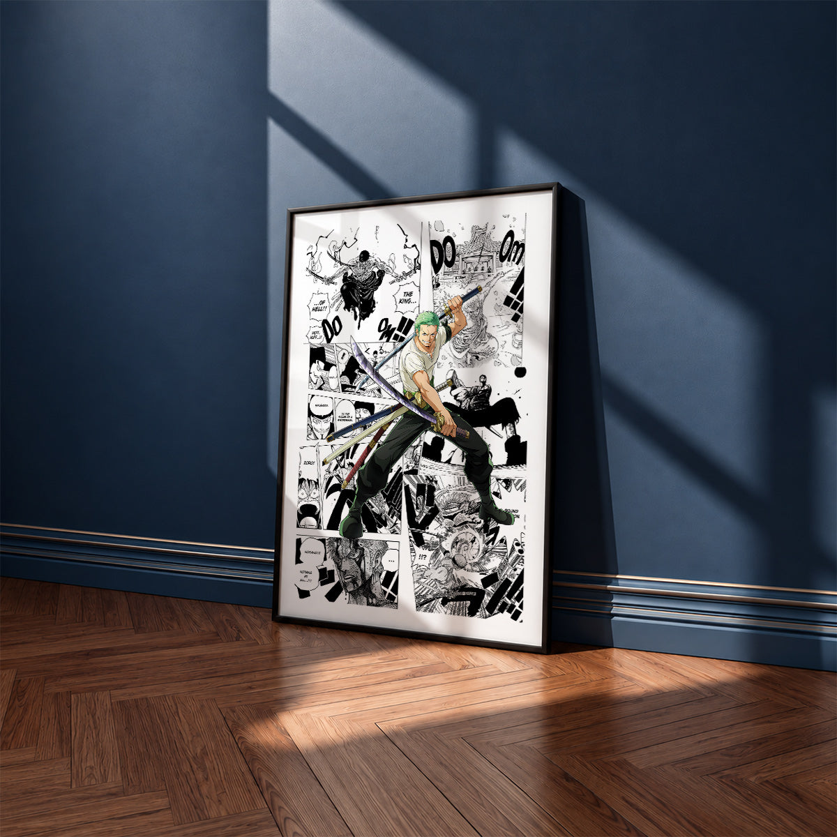 Roronoa Zoro manga poster inspired by One Piece in a black frame against a navy blue wall