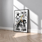 Roronoa Zoro manga poster inspired by One Piece in a black frame against a light gray wall