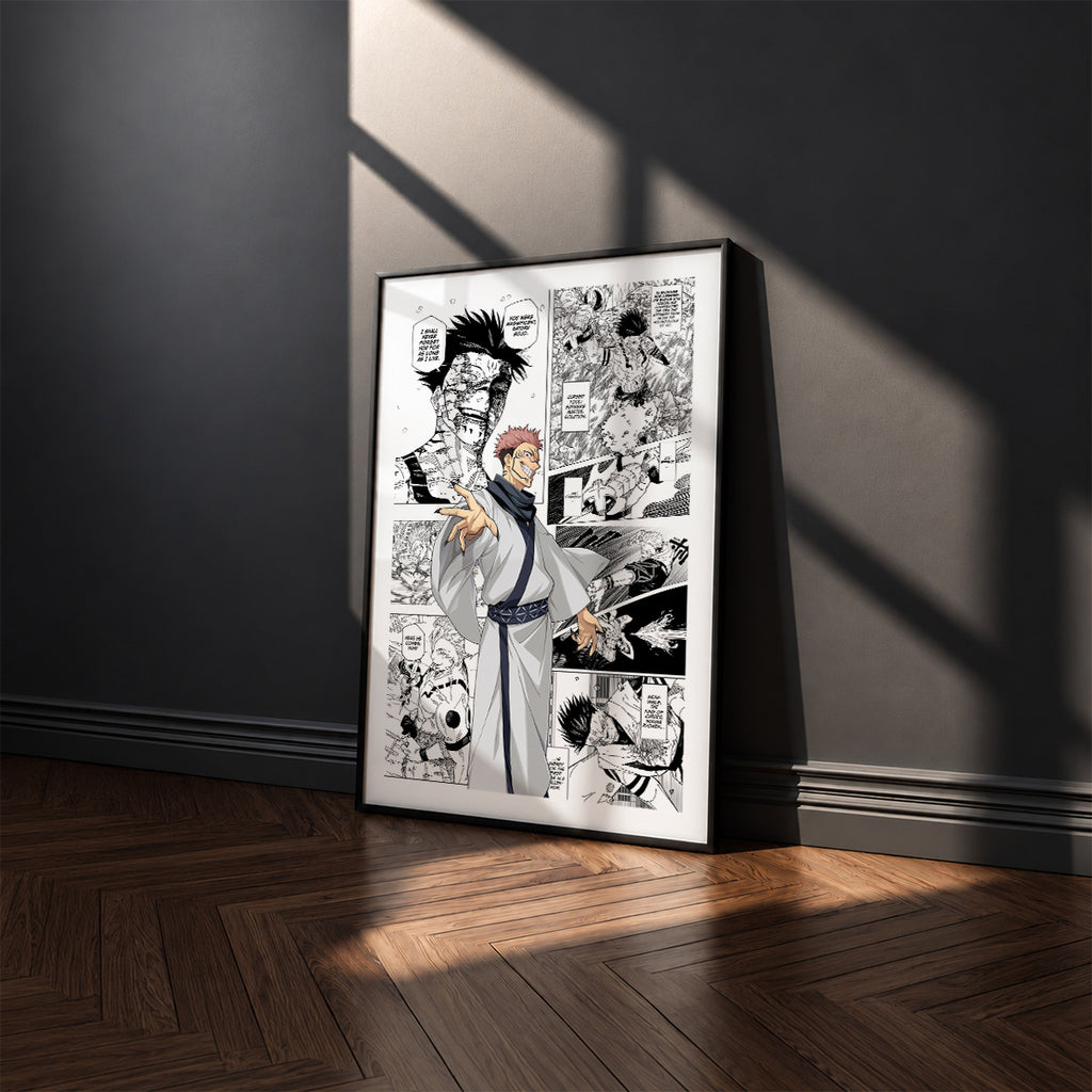 Ryomen Sukuna manga poster inspired by Jujutsu Kaisen in a black frame against a charcoal gray wall
