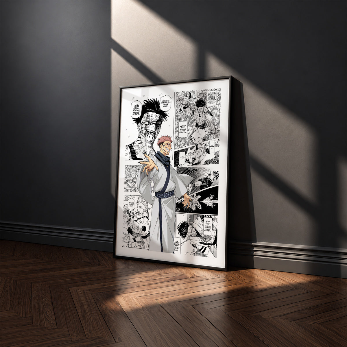 Ryomen Sukuna manga poster inspired by Jujutsu Kaisen in a black frame against a charcoal gray wall