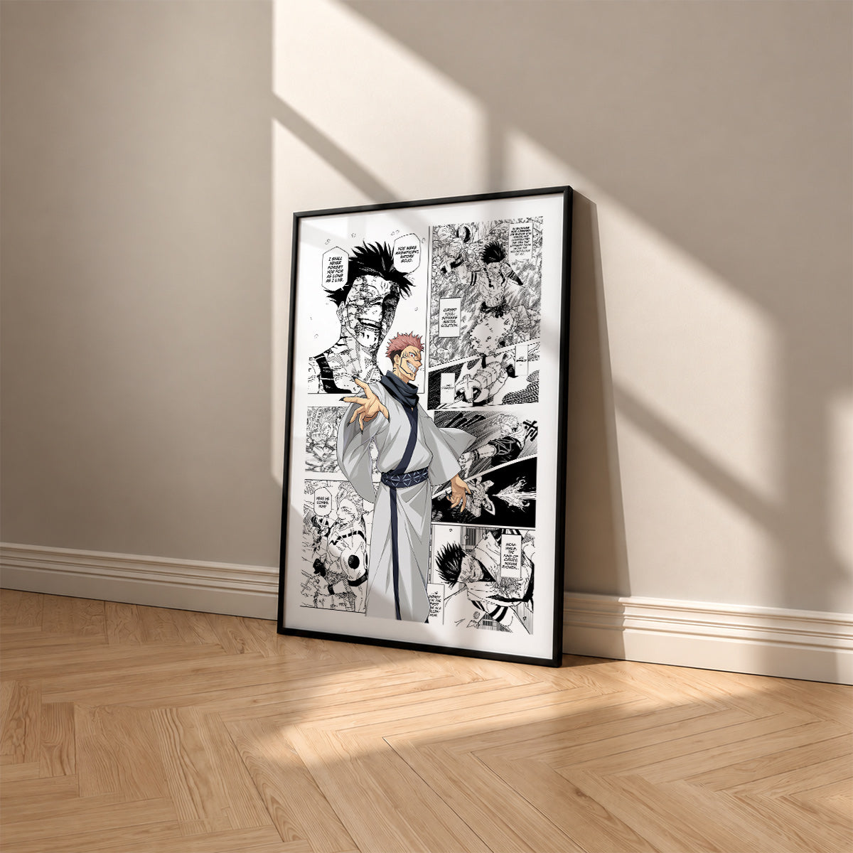 Ryomen Sukuna manga poster inspired by Jujutsu Kaisen in a black frame against a warm beige wall