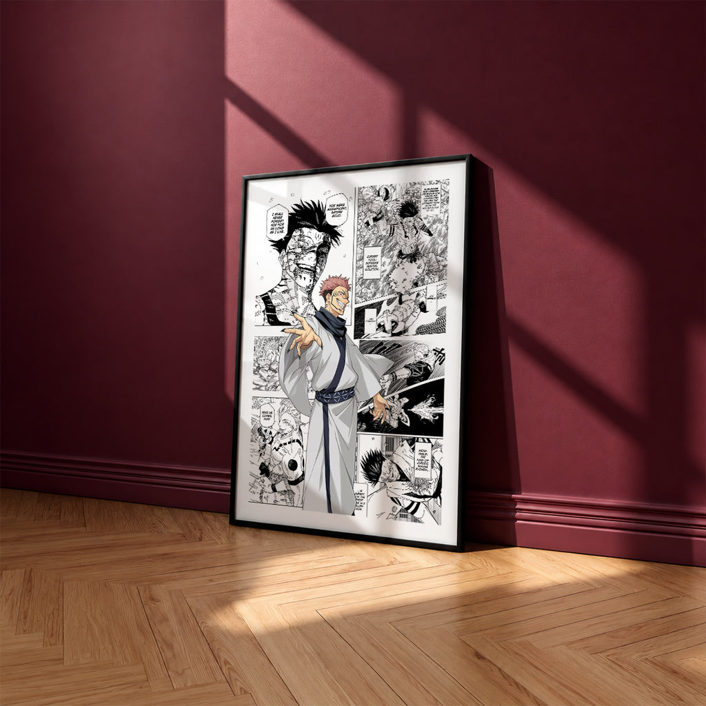 Ryomen Sukuna manga poster inspired by Jujutsu Kaisen in a black frame against a burgundy wall