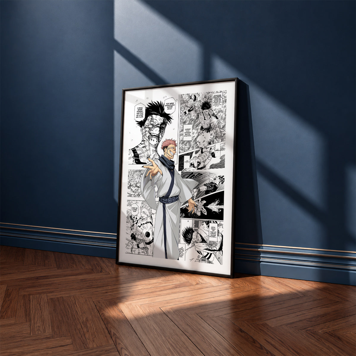 Ryomen Sukuna manga poster inspired by Jujutsu Kaisen in a black frame against a navy blue wall