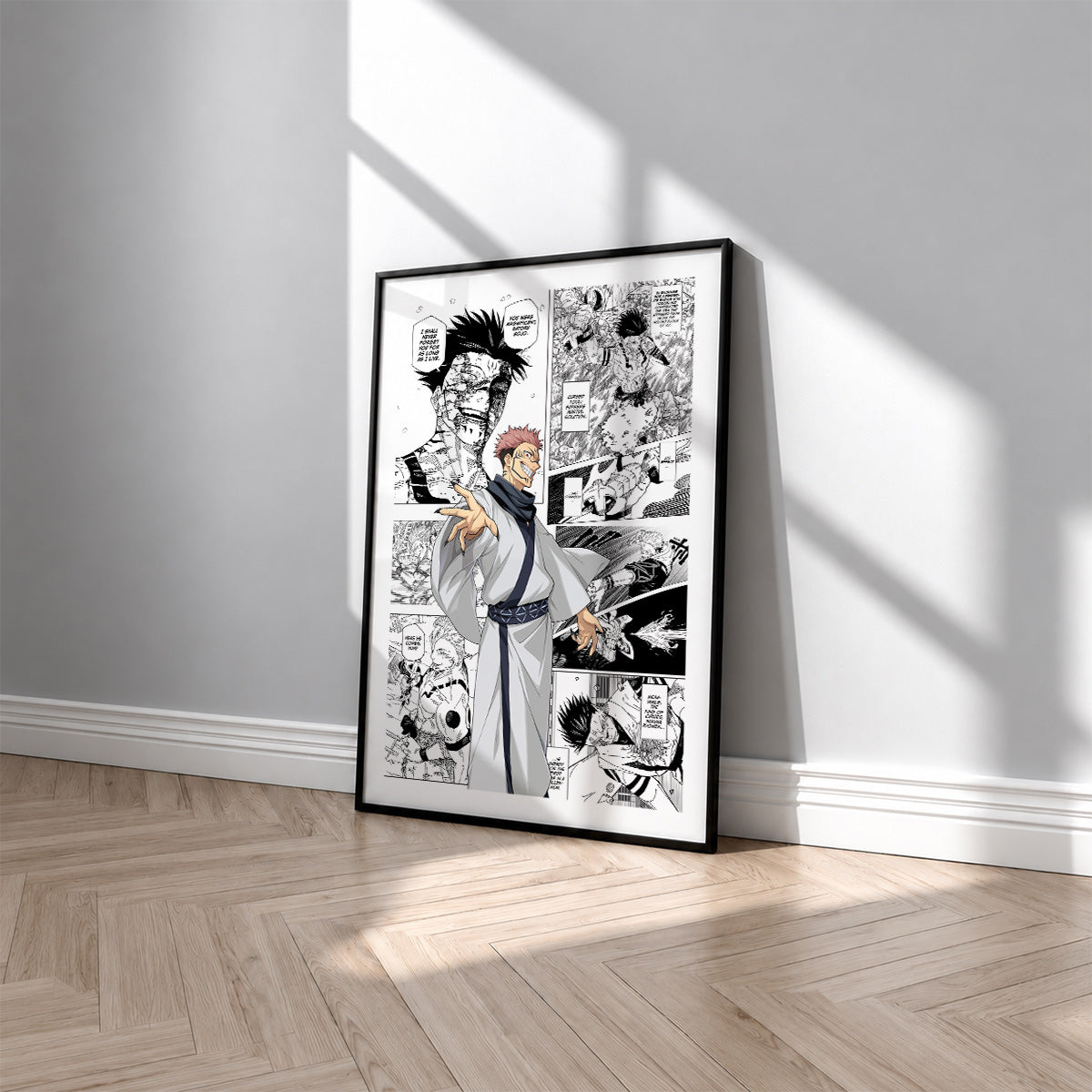 Ryomen Sukuna manga poster inspired by Jujutsu Kaisen in a black frame against a light gray wall
