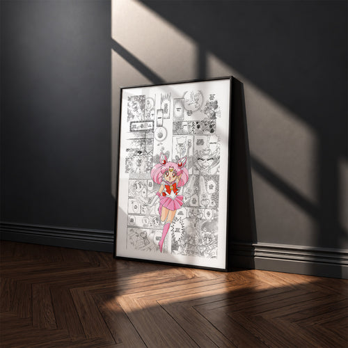 Chibiusa Sailor Chibi Moon manga poster inspired by Sailor Moon in a black frame against a charcoal gray wall
