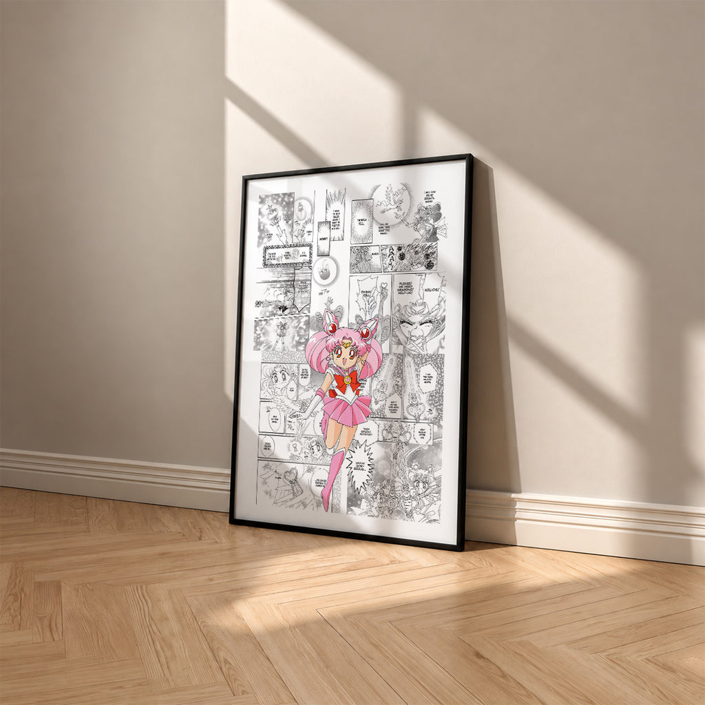 Chibiusa Sailor Chibi Moon manga poster inspired by Sailor Moon in a black frame against a warm beige wall