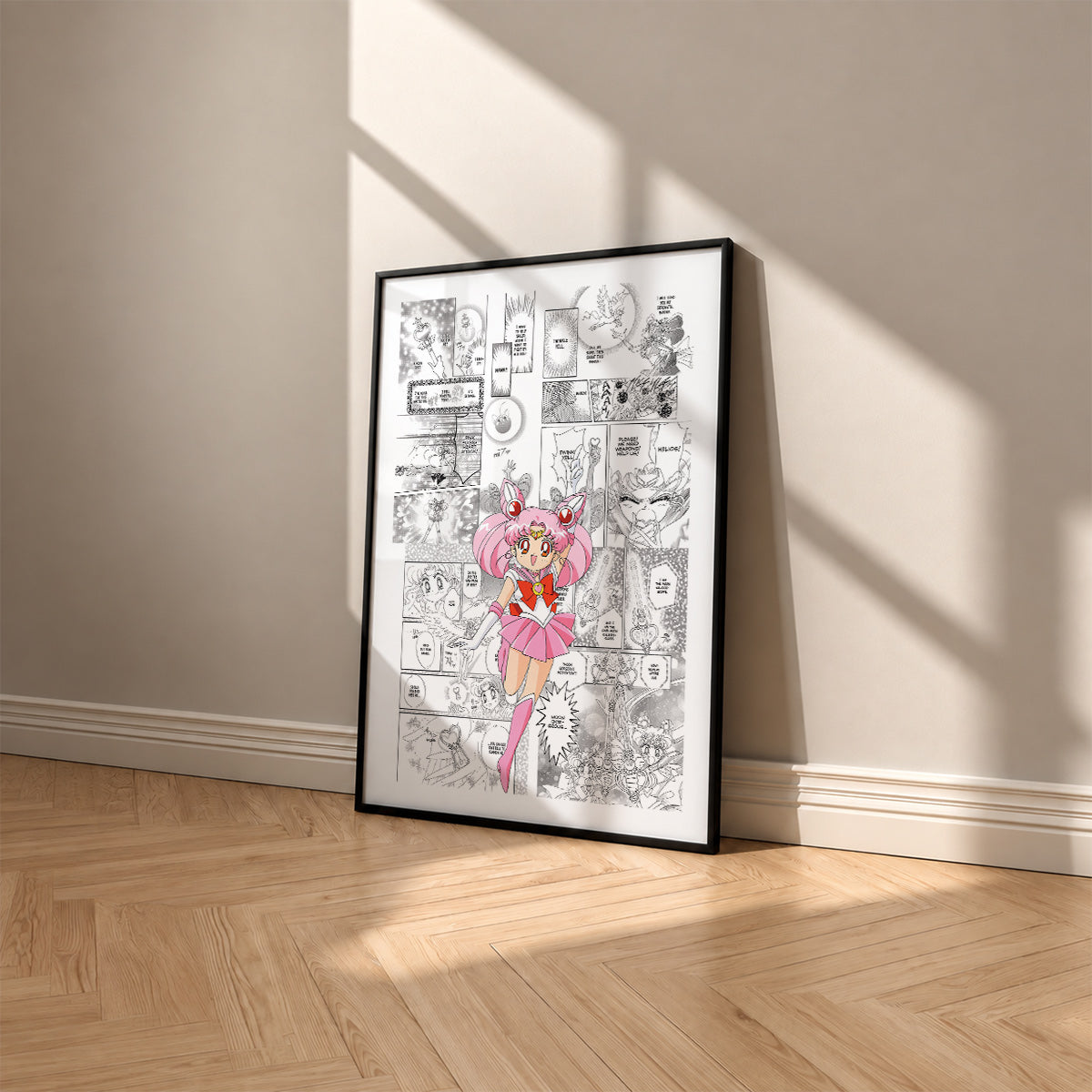 Chibiusa Sailor Chibi Moon manga poster inspired by Sailor Moon in a black frame against a warm beige wall
