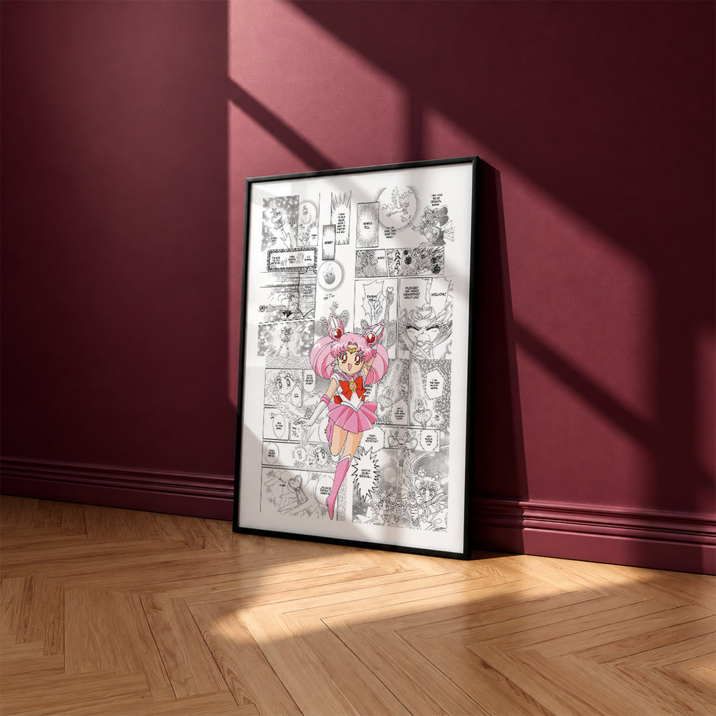 Chibiusa Sailor Chibi Moon manga poster inspired by Sailor Moon in a black frame against a burgundy wall