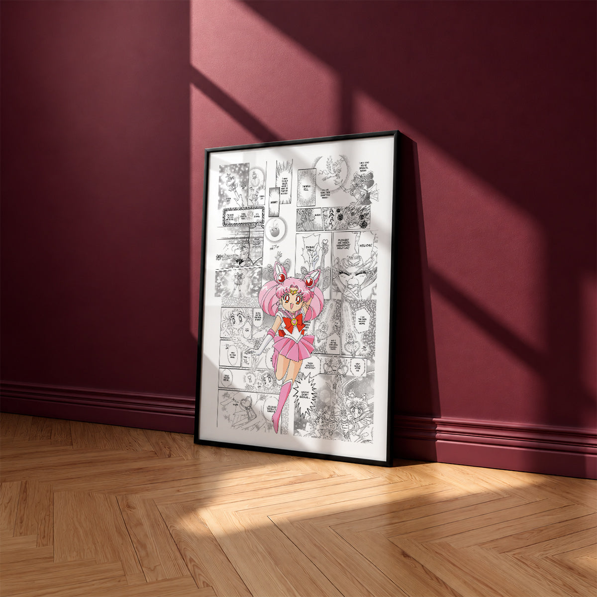 Chibiusa Sailor Chibi Moon manga poster inspired by Sailor Moon in a black frame against a burgundy wall