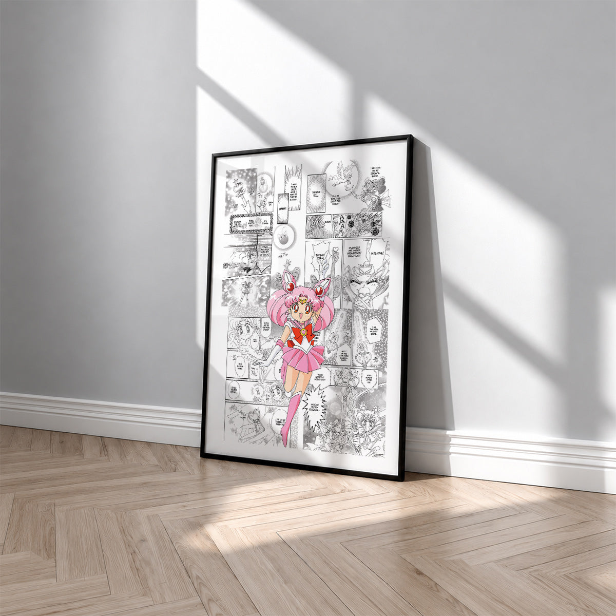 Chibiusa Sailor Chibi Moon manga poster inspired by Sailor Moon in a black frame against a light gray wall