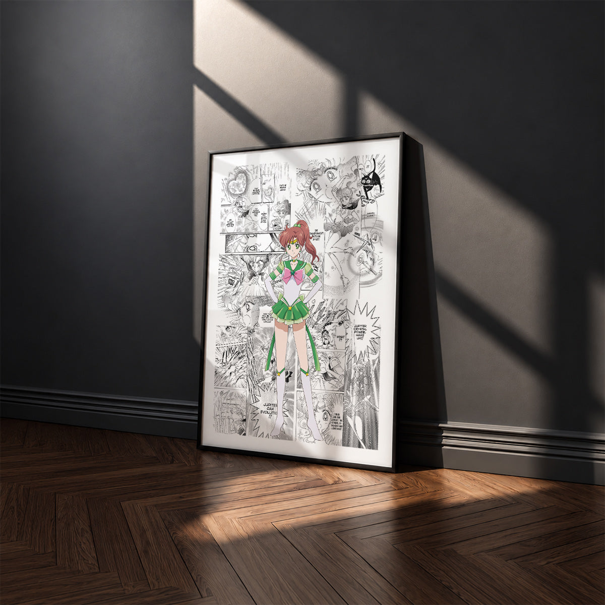 Makoto Kino Sailor Jupiter manga poster inspired by Sailor Moon in a black frame against a charcoal gray wall