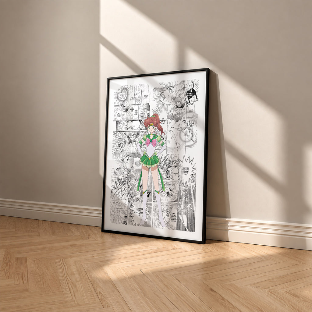 Makoto Kino Sailor Jupiter manga poster inspired by Sailor Moon in a black frame against a warm beige wall
