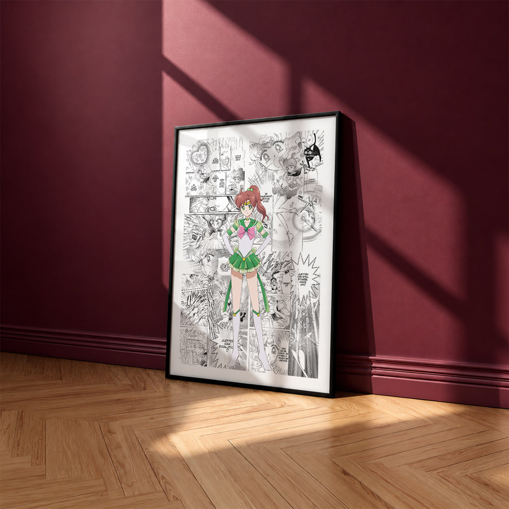Makoto Kino Sailor Jupiter manga poster inspired by Sailor Moon in a black frame against a burgundy wall