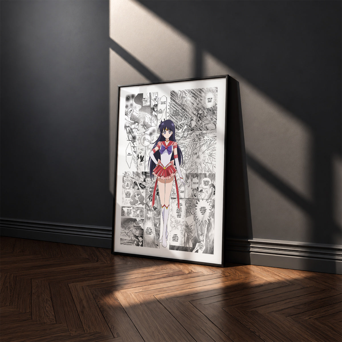 Rei Hino Sailor Mars manga poster inspired by Sailor Moon in a black frame against a charcoal gray wall