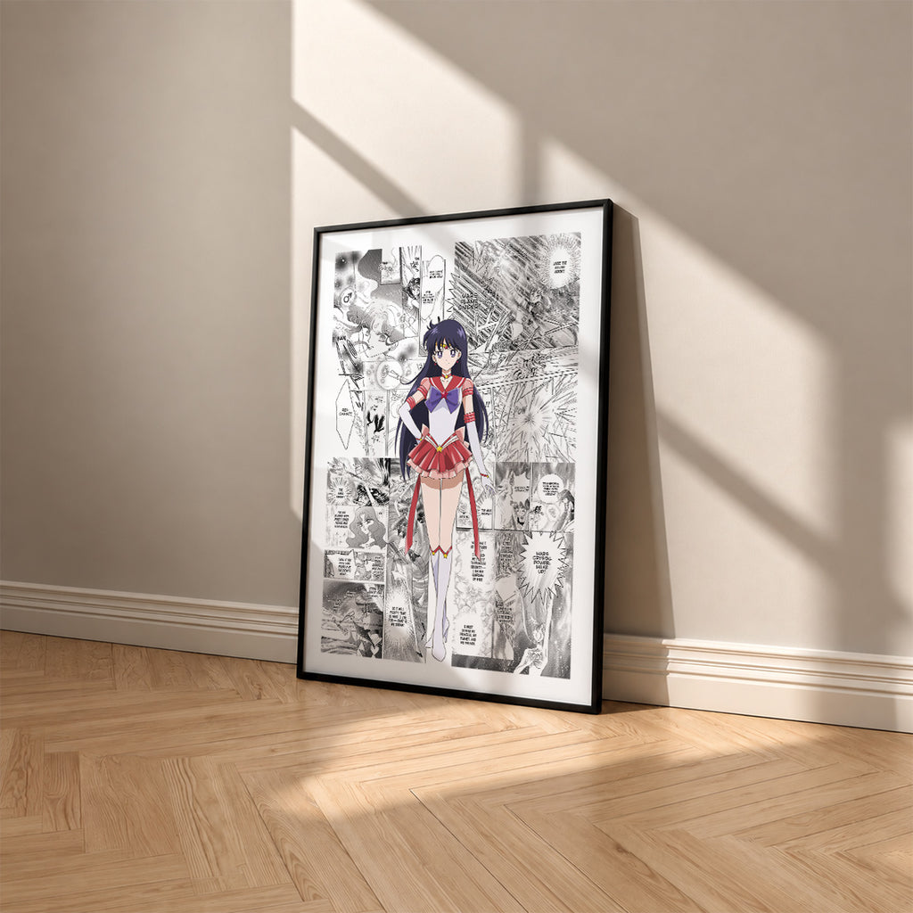 Rei Hino Sailor Mars manga poster inspired by Sailor Moon in a black frame against a warm beige wall