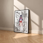 Rei Hino Sailor Mars manga poster inspired by Sailor Moon in a black frame against a warm beige wall