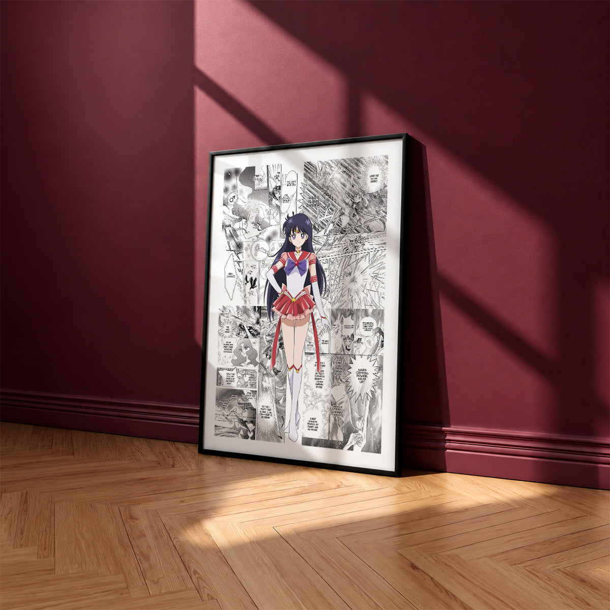 Rei Hino Sailor Mars manga poster inspired by Sailor Moon in a black frame against a burgundy wall