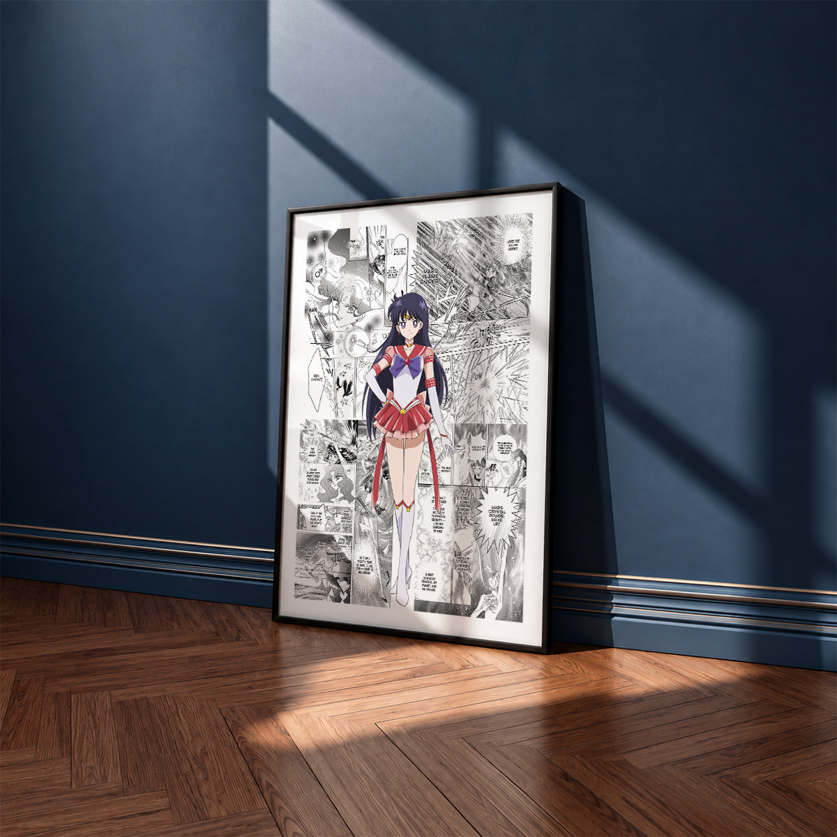 Rei Hino Sailor Mars manga poster inspired by Sailor Moon in a black frame against a navy blue wall