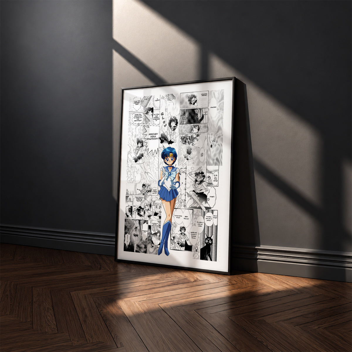 Ami Mizuno Sailor Mercury manga poster inspired by Sailor Moon in a black frame against a charcoal gray wall