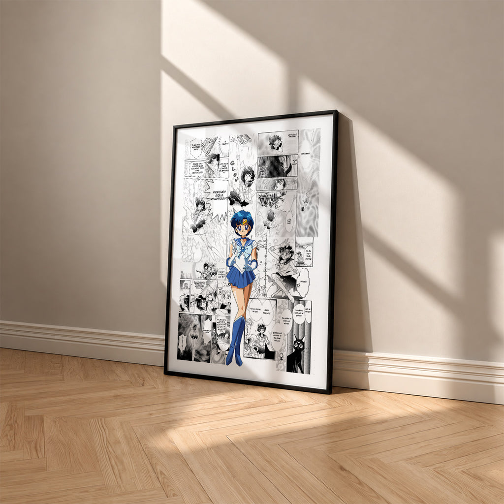 Ami Mizuno Sailor Mercury manga poster inspired by Sailor Moon in a black frame against a warm beige wall