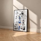 Ami Mizuno Sailor Mercury manga poster inspired by Sailor Moon in a black frame against a warm beige wall